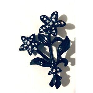 Flower Brooch Pin Black With Clear Sparkling Rhinestones 2” Metal